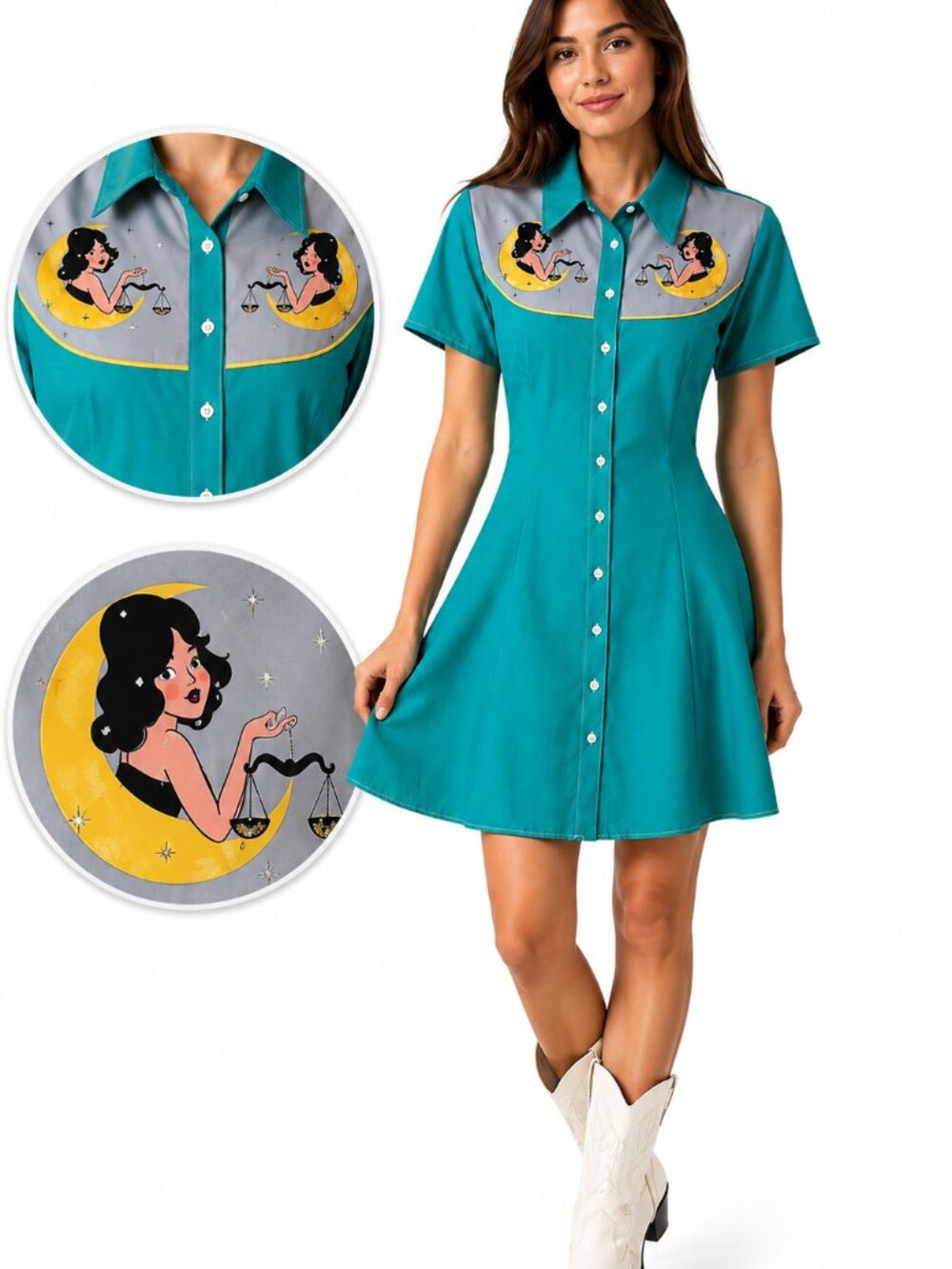 Libra Zodiac Moon Western Shirt Swing Button Up Dress Teal Retro Novelty Size M
